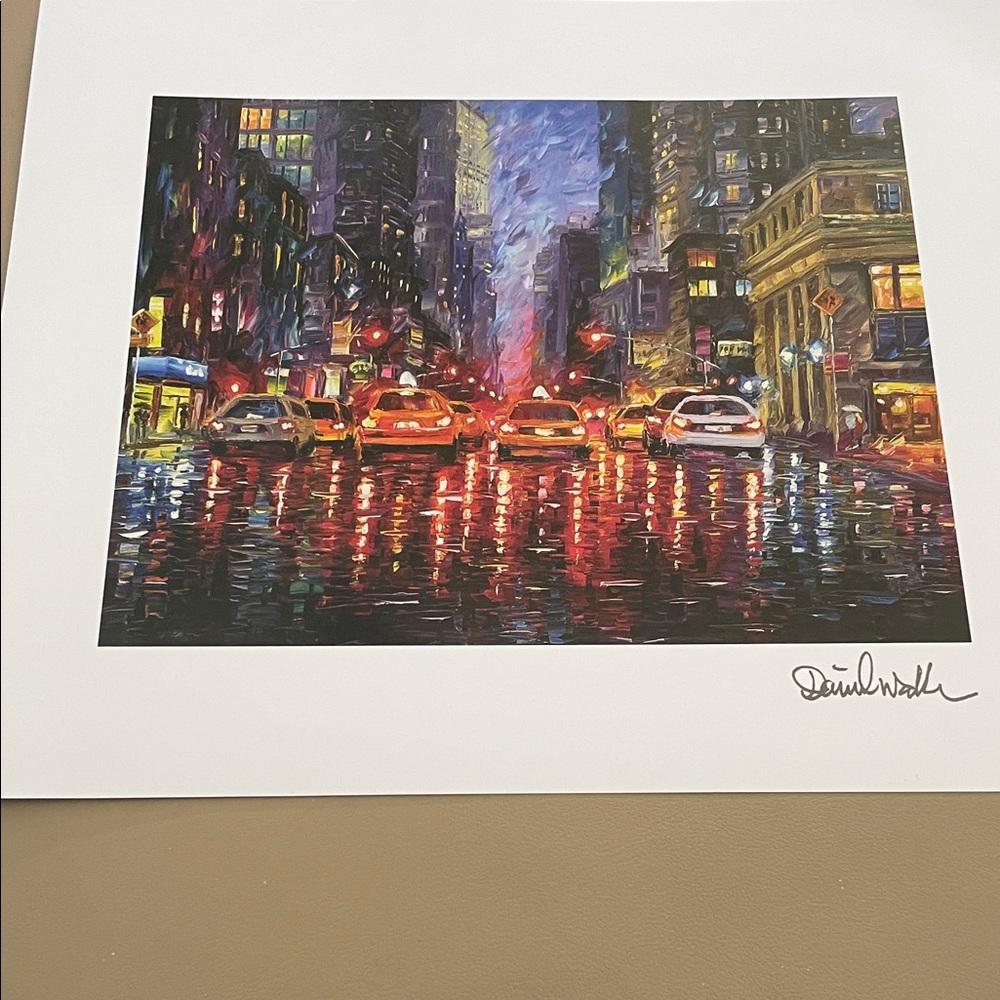 Cityscape Night Scene Art Print Rainy Manhattan Night Daniel wall 9 3/4 x 11 3/8
